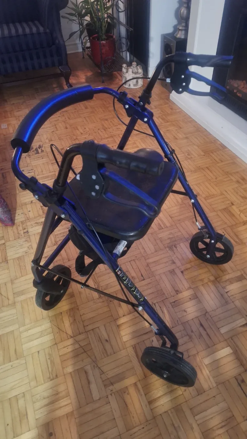 Blue Four-Wheel Rolling Walker with Seat
