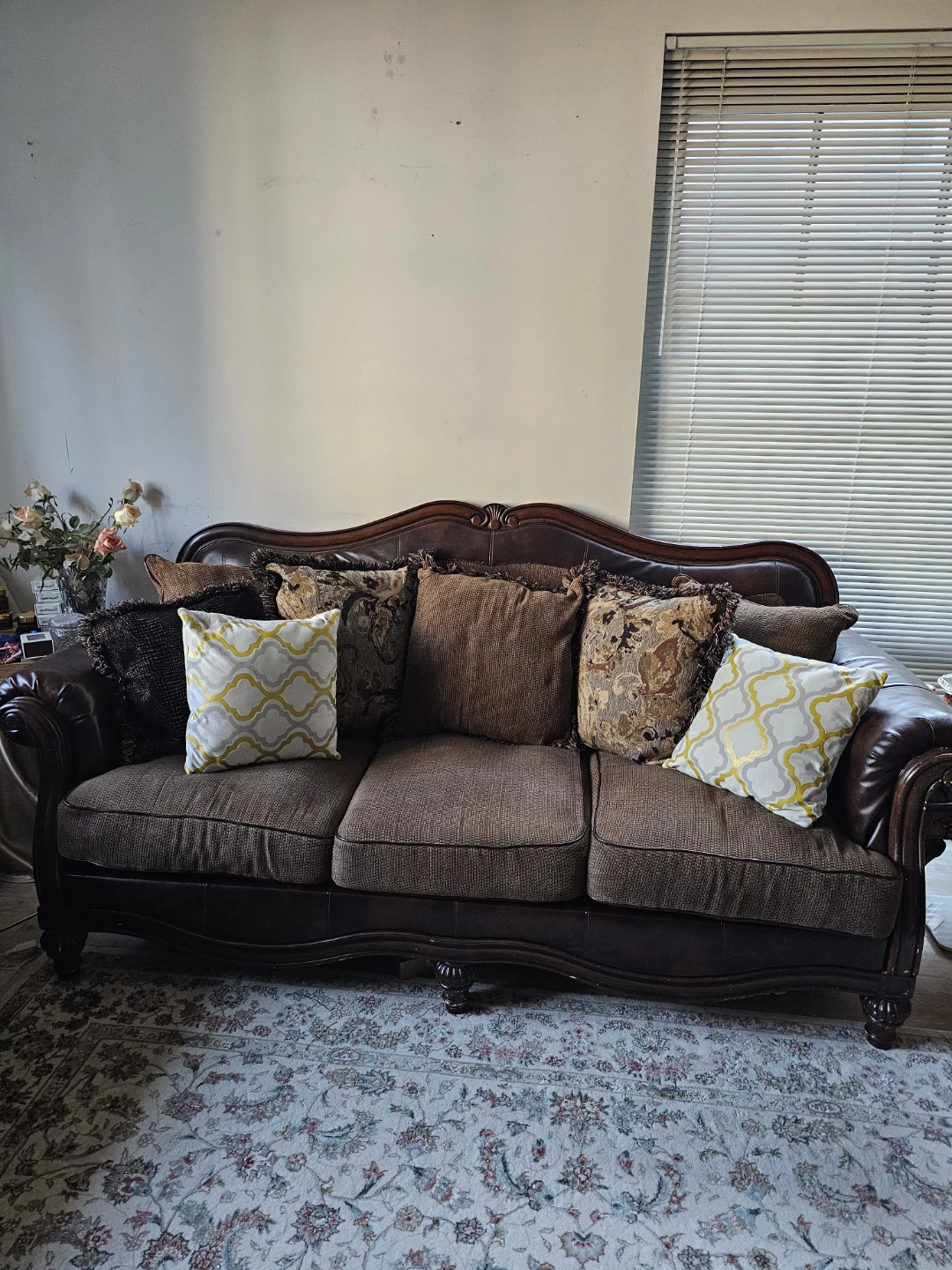 Traditional Brown Leather and Fabric Sofa Set