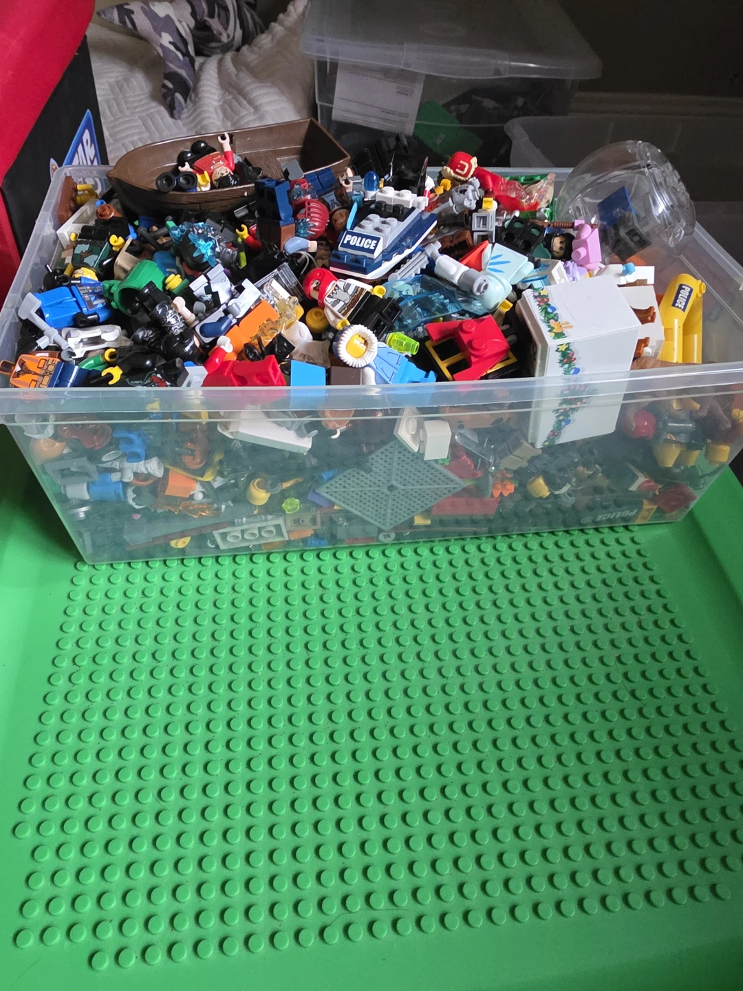 Assorted LEGO building bricks and minifigures
