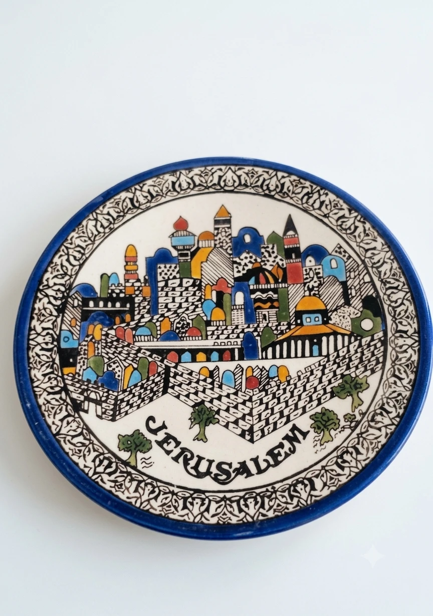 Vintage Jerusalem Decorative Plate – Blue Rim –