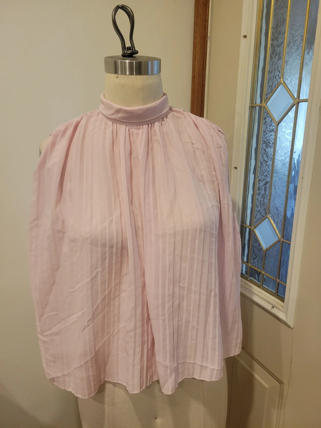 Zara Pleated Mock Neck Blouse - Pink - Size Small