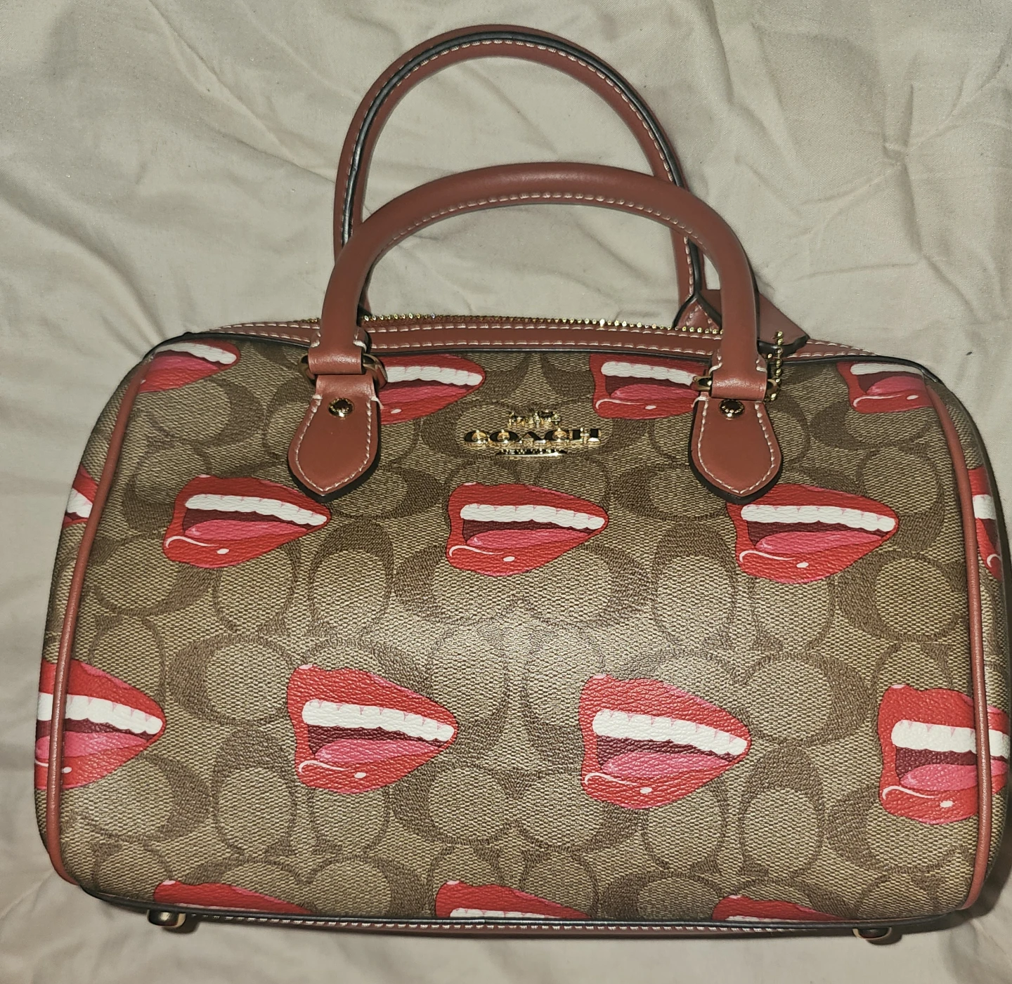 Coach Signature Print Satchel with Lip Design