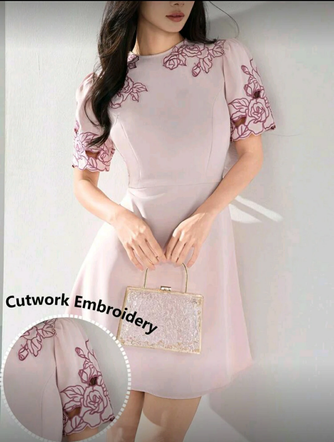 Pink Cutwork Embroidery Rose Dress