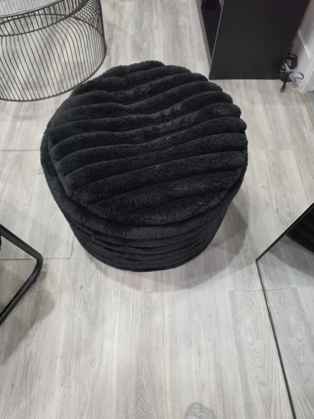 Black Faux Fur Round Ottoman
