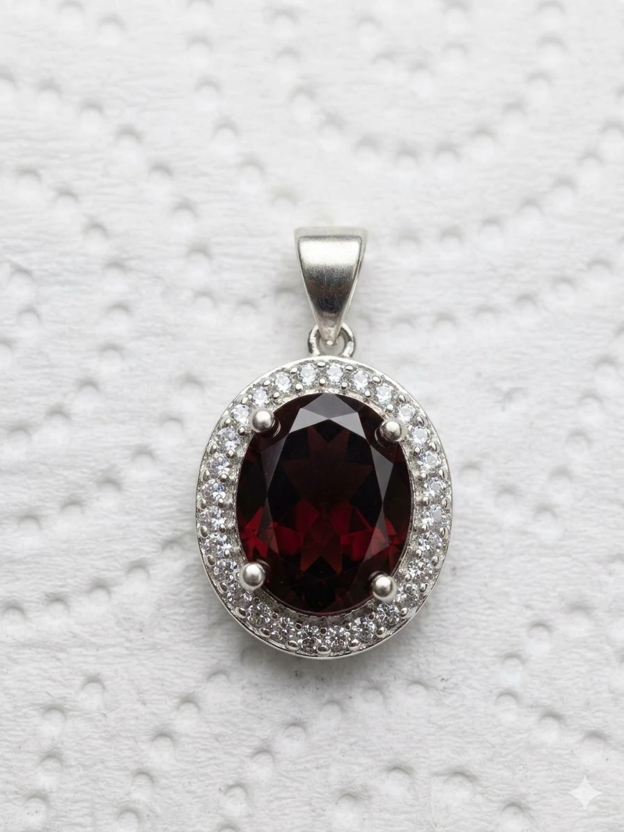 Luxury 18K White Gold Natural Garnet Halo Pendant