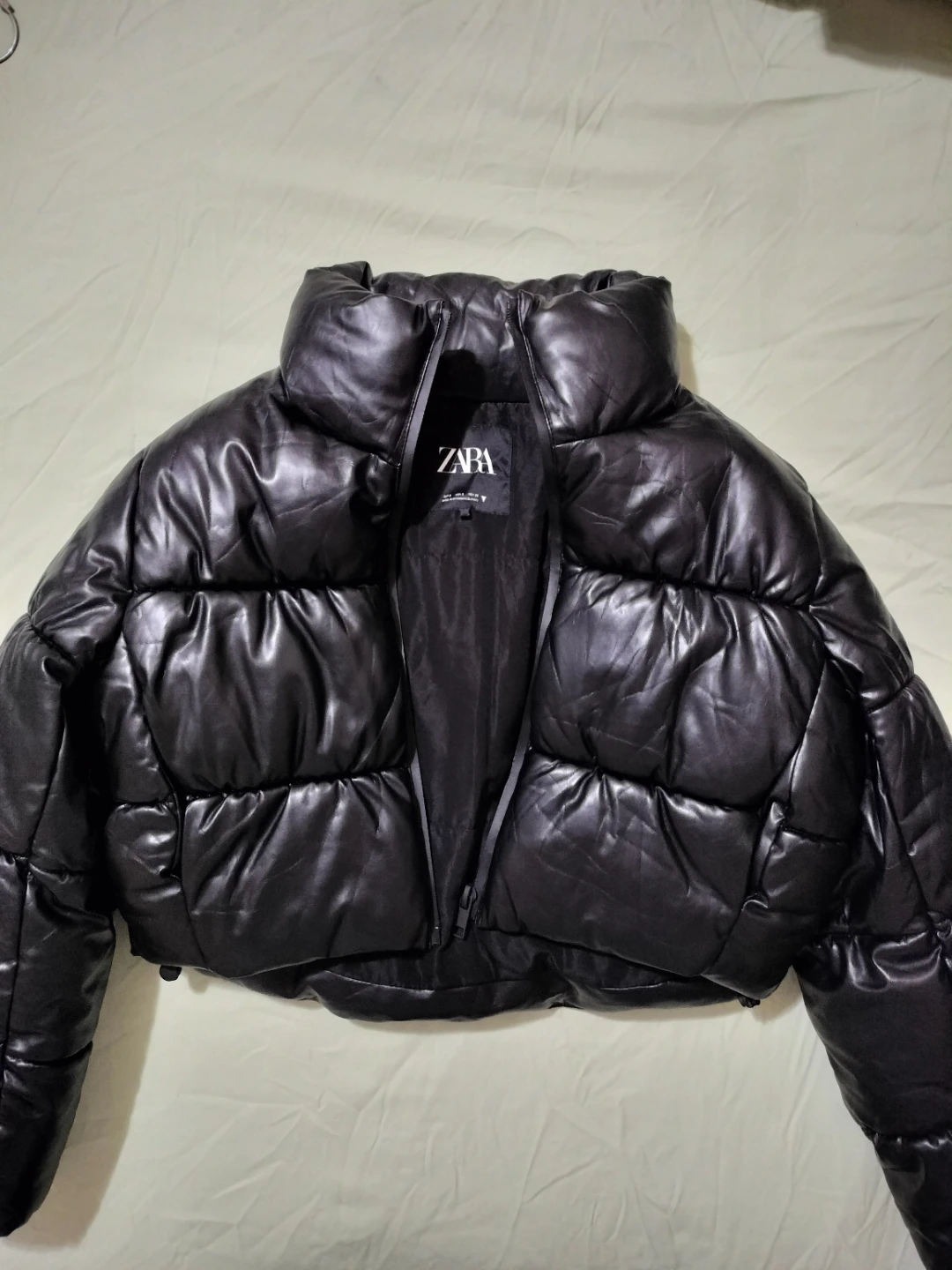 ZARA Black Faux Leather Puffer Jacket