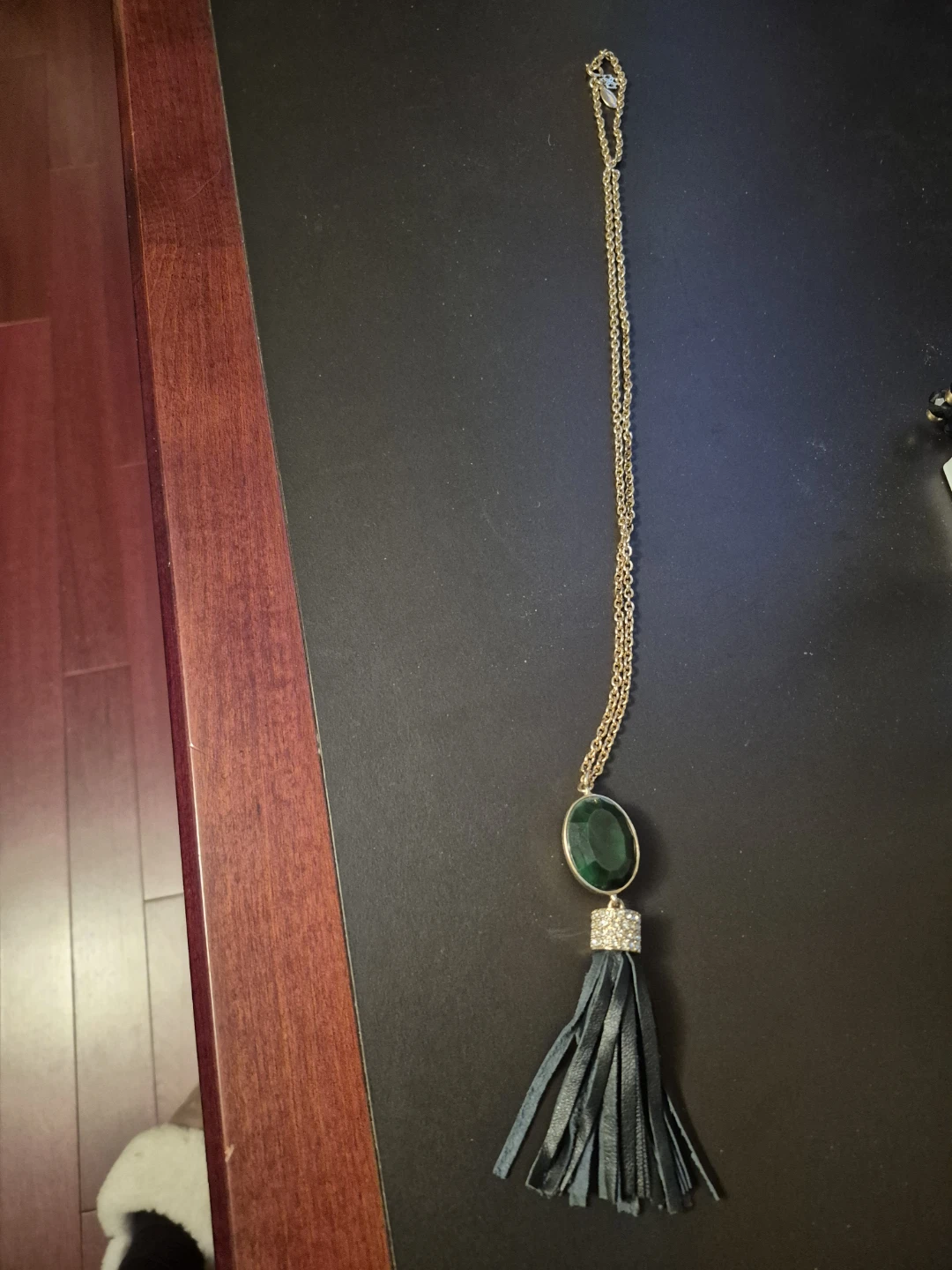 Gold-Tone Green Stone Tassel Necklace