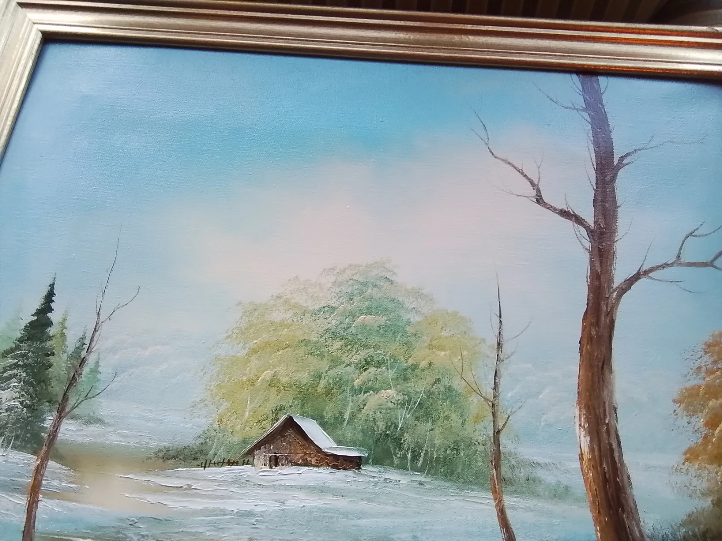 Vintage Winter Cabin Landscape Oil Painting, Signed Zimer - photo 3