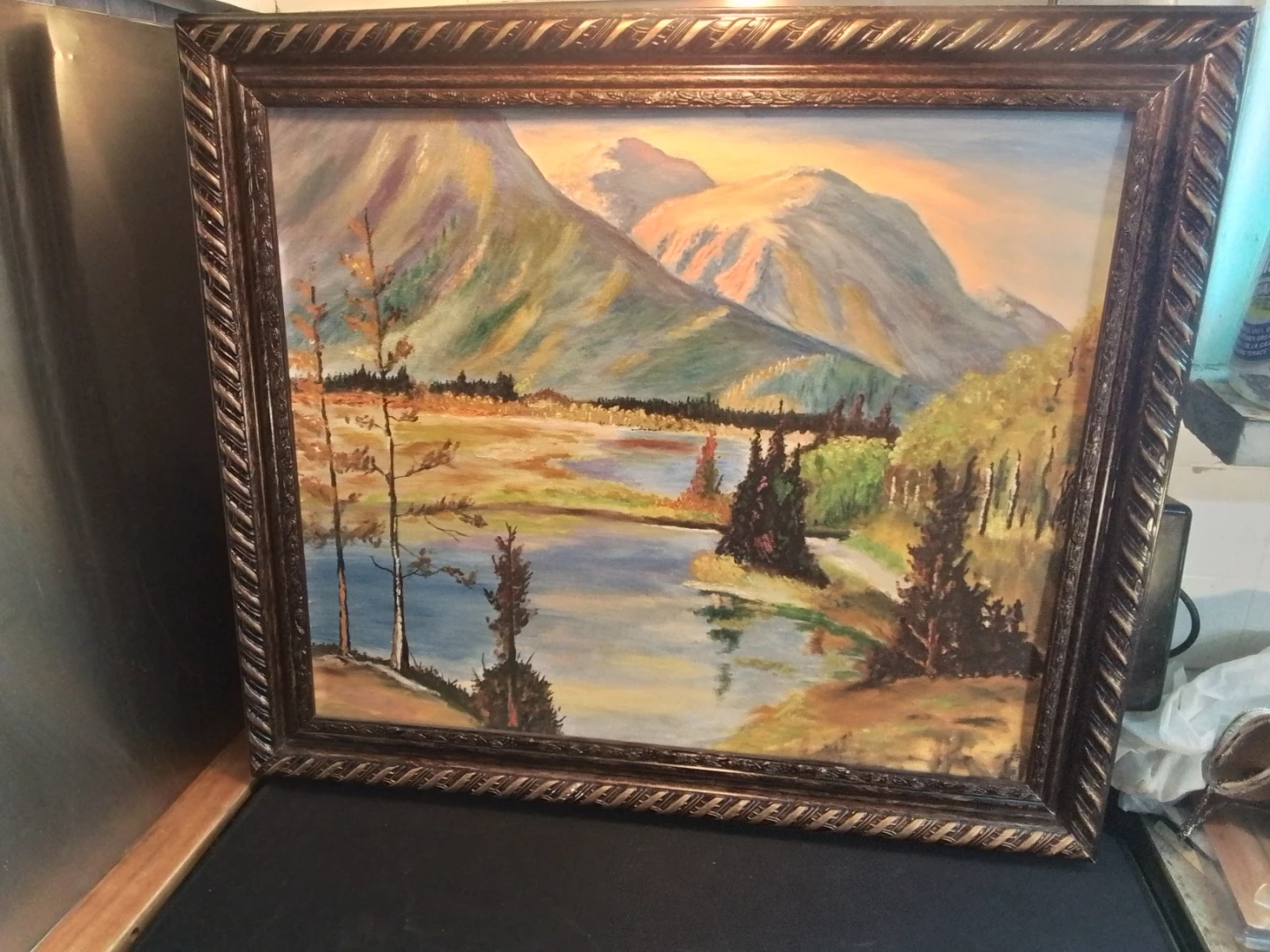 Original 1960s Impressionist Rocky Mountain & Lake Oil Painting