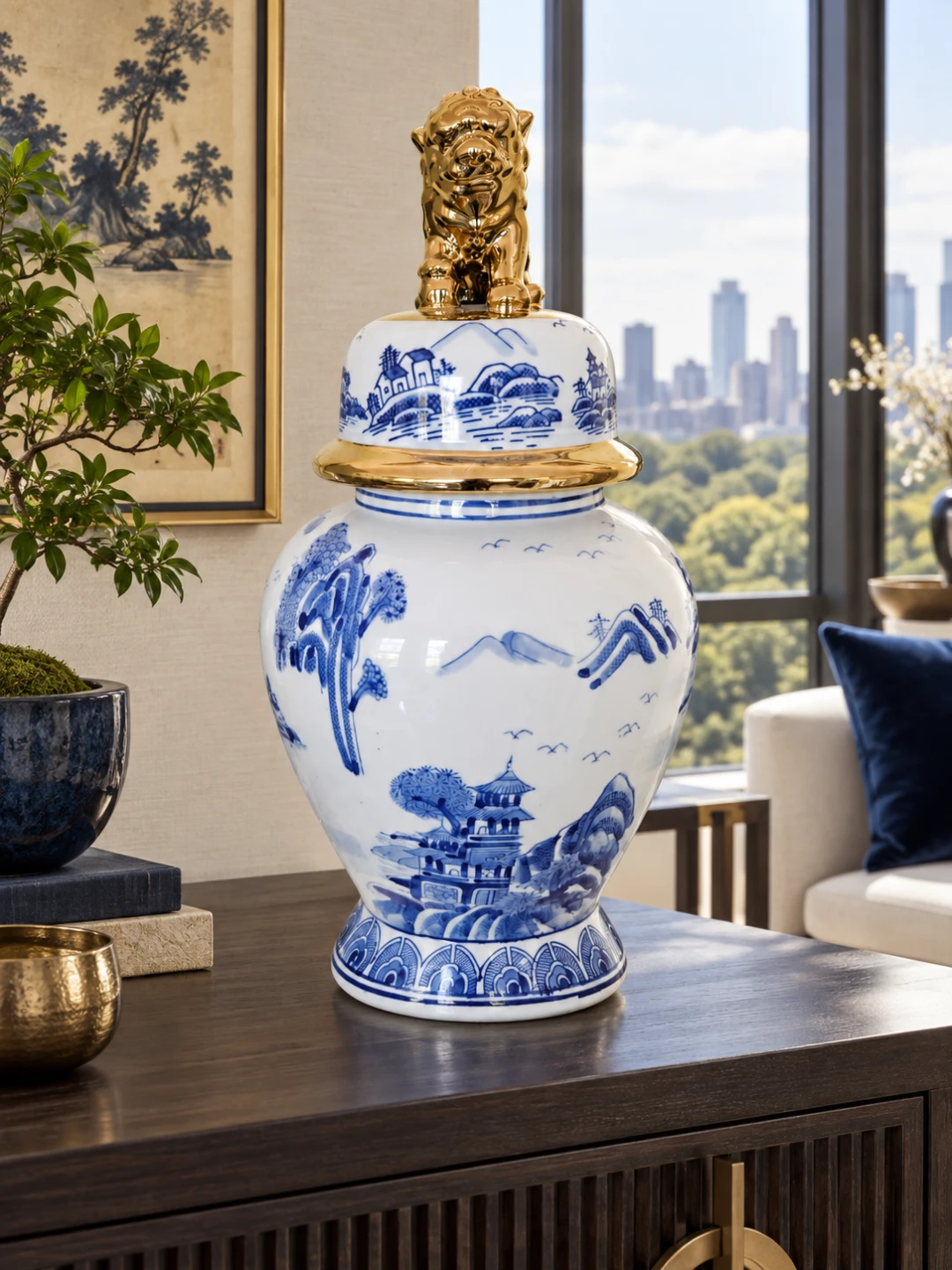 Chinoserie Blue and White Glamorous Ginger Jar with Gold Foo Dog