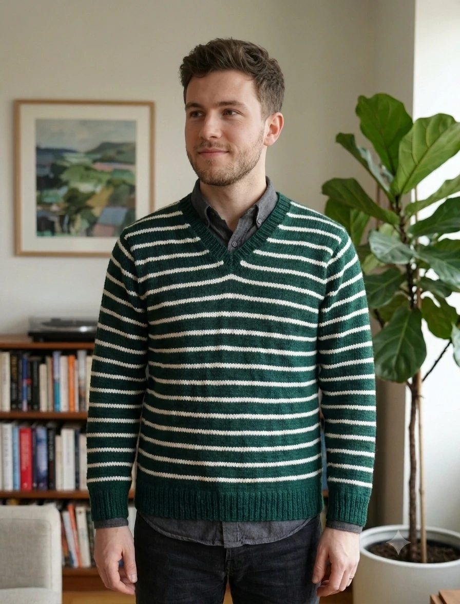 Green and white striped V-neck sweater