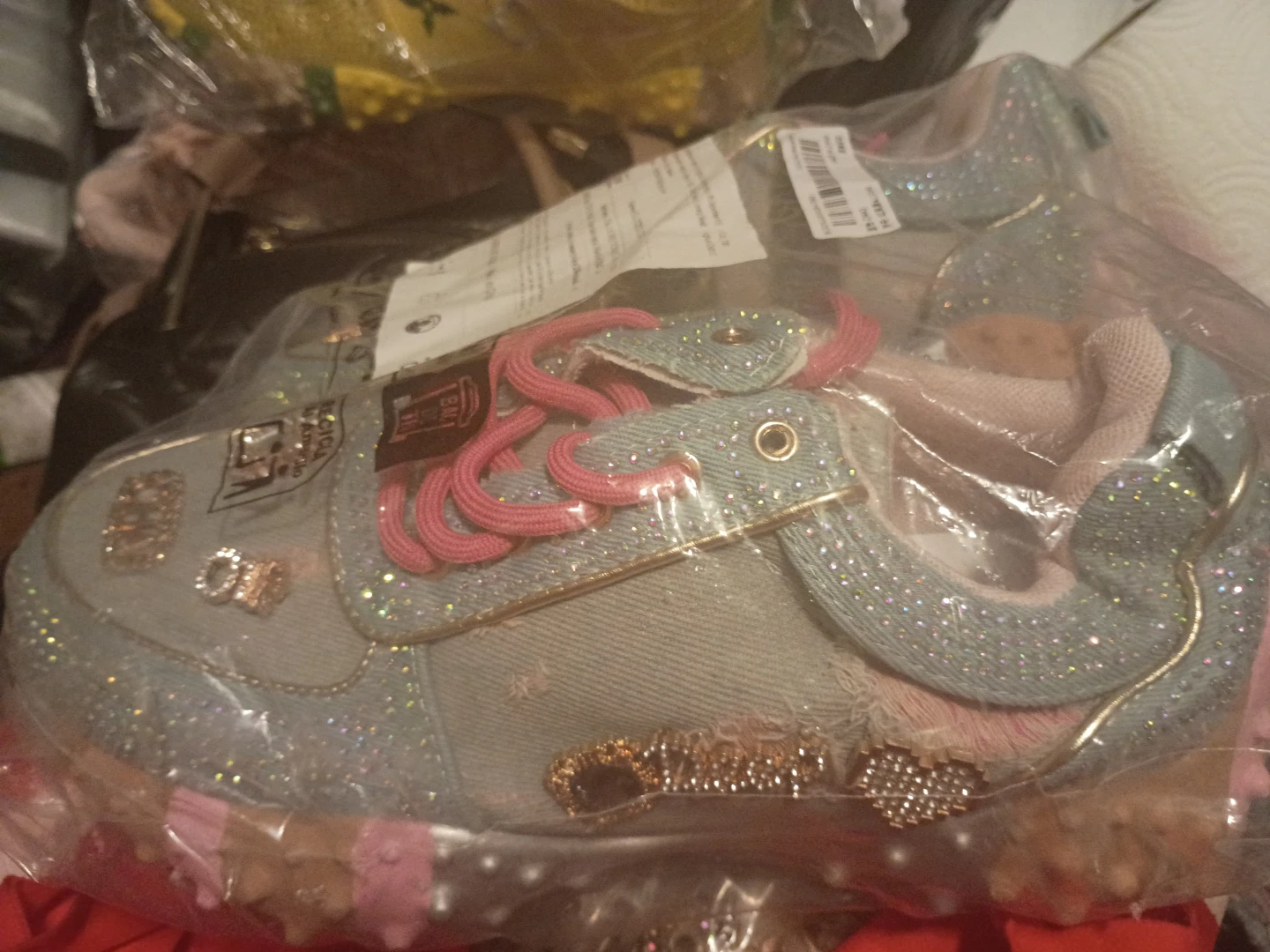 Sparkly Denim Sneakers with Pink Laces