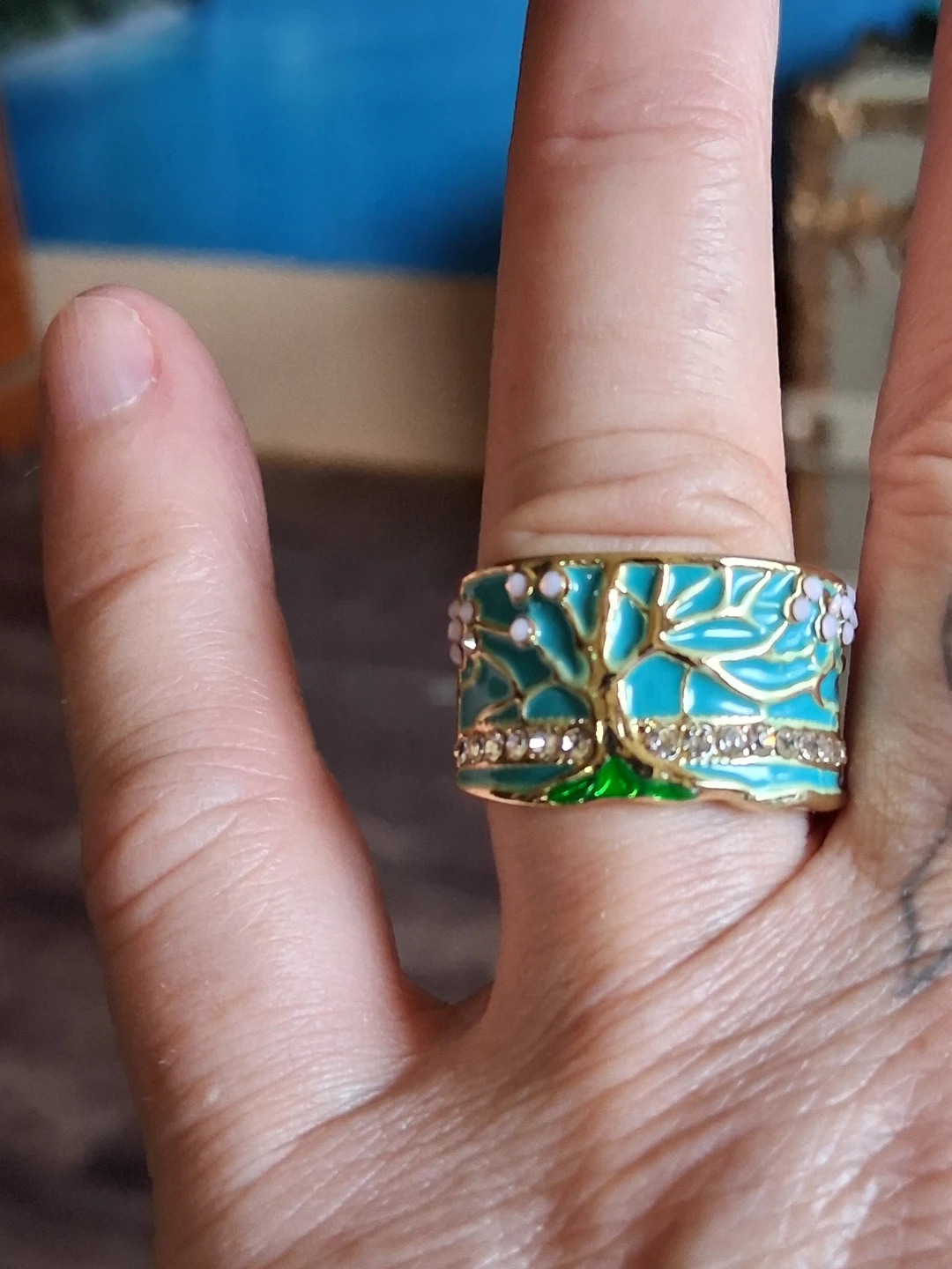 Enamel Tree of Life Ring with Rhinestones