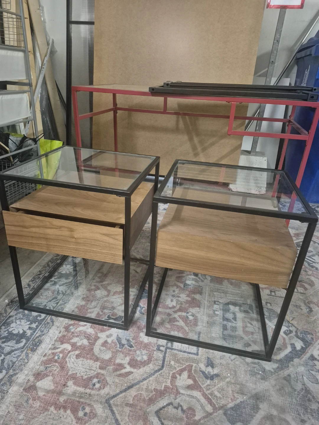 Set of Two Glass and Wood Nightstands