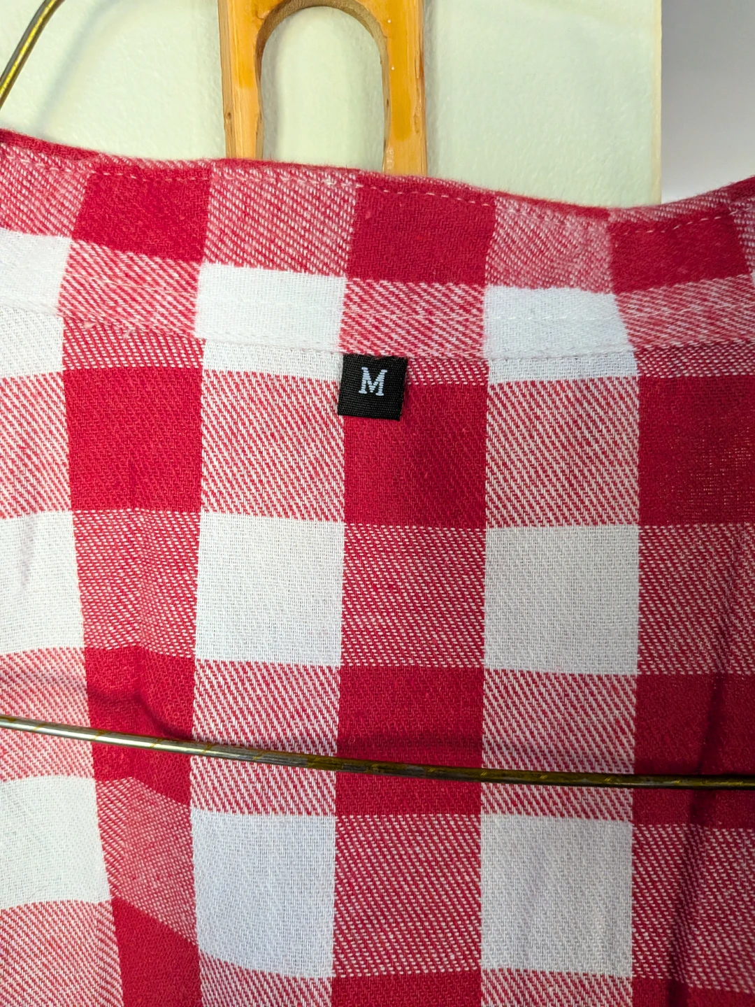 Red and white gingham button-down shirt
