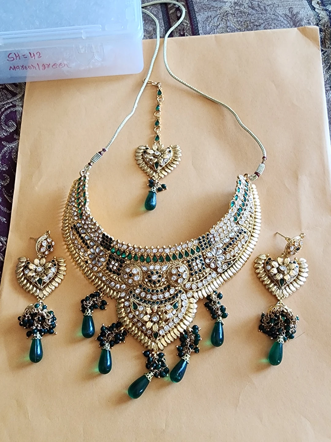 Gold Tone Indian Jewelry Set with Green Beads