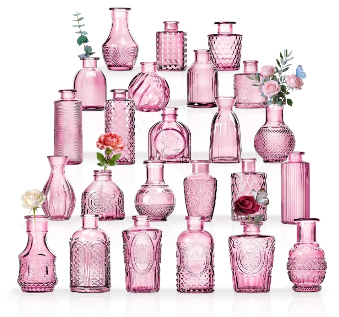 24 Piece Set of Pink Vintage Glass Bud Vases