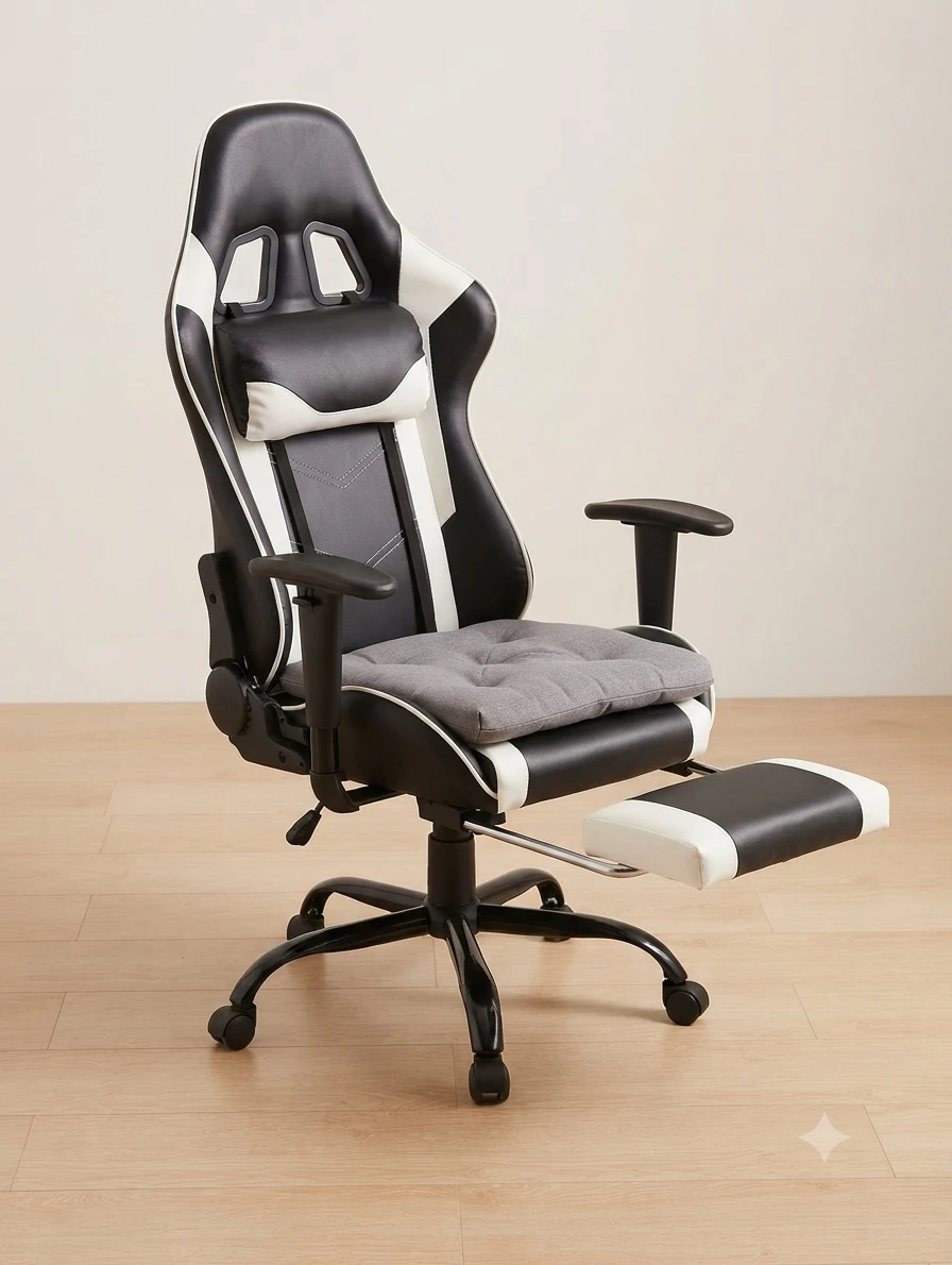 Black and White Gaming Chair with Footrest