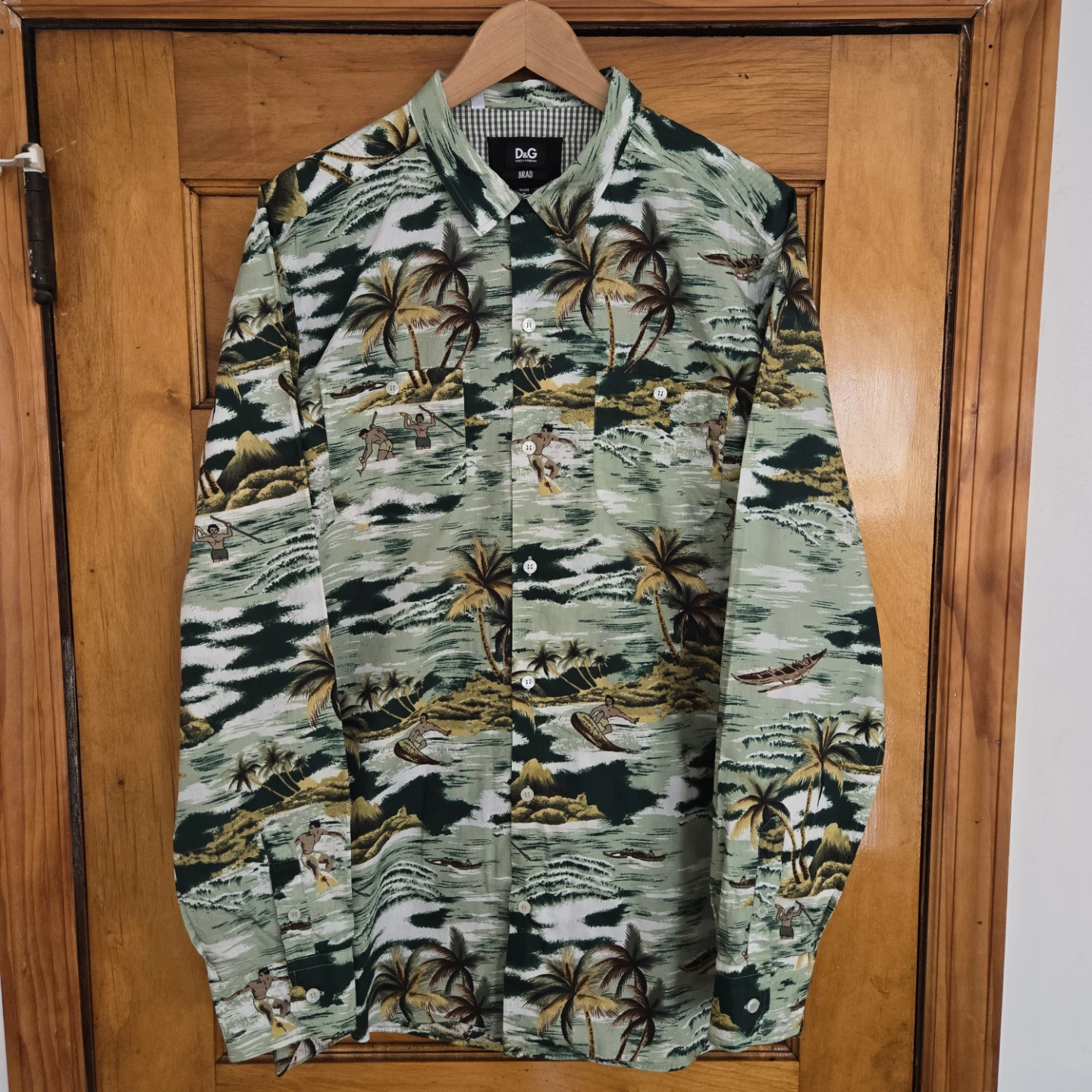 D&G Brad Tropical Palm Print Button-Down Shirt Mens 16.5 Green 🏈