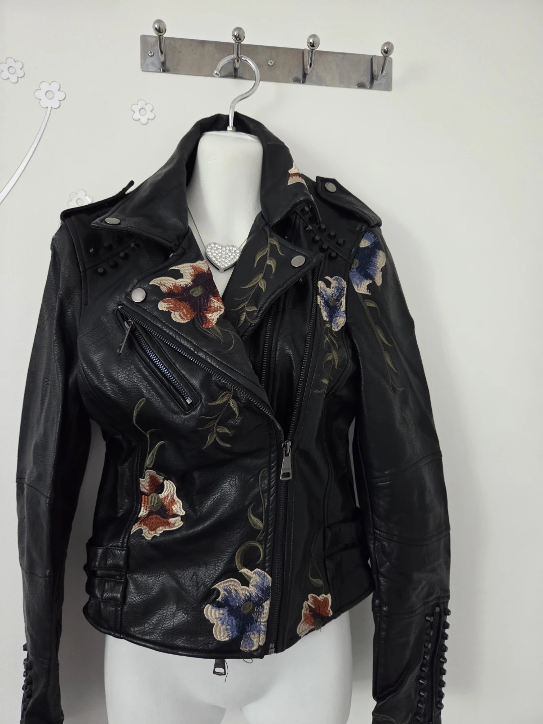 Black floral embroidered leather moto jacket