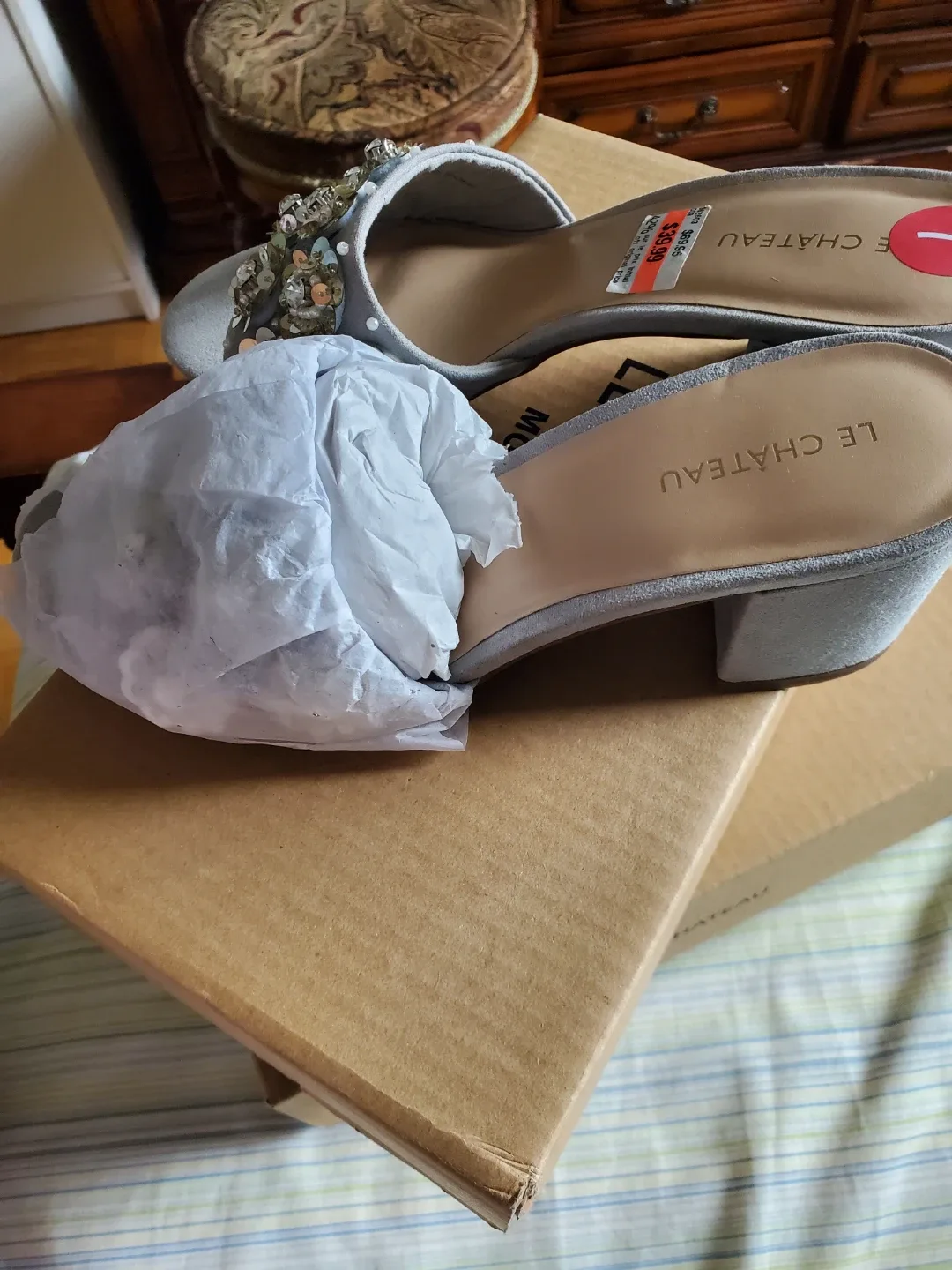 Le Chateau Grey Embellished Mule Heels - Size 7