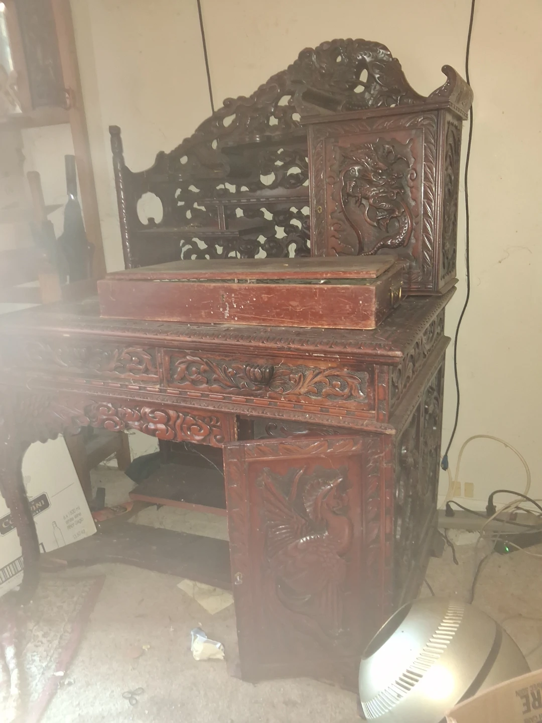 Ornate Carved Wooden Desk with Hutch