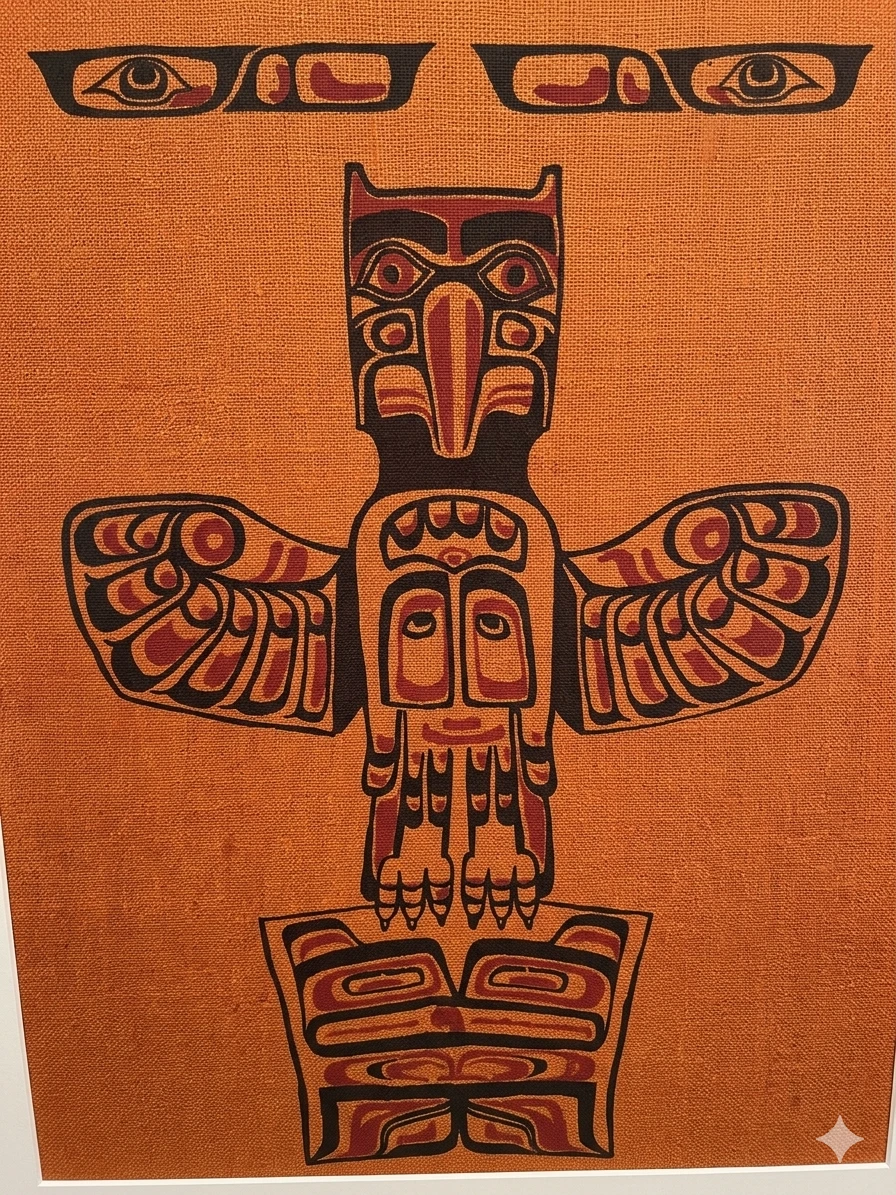 1970s Pacific Northwest Coast Totem Pole Silkscreen on Burlap - photo 2