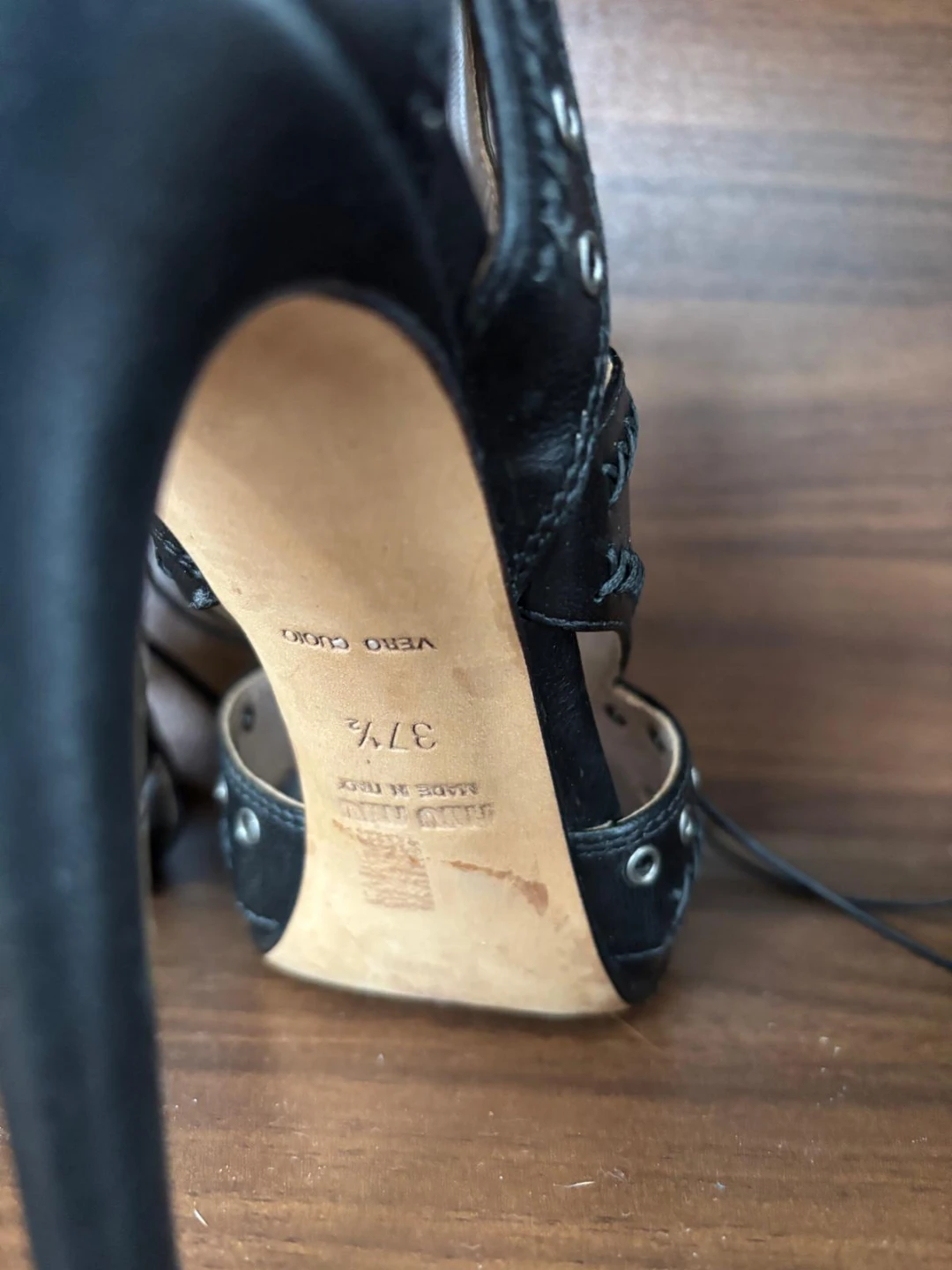 Miu Miu Black Leather Grommet Lace-Up Cage Heels – Size 37.5 - photo 4