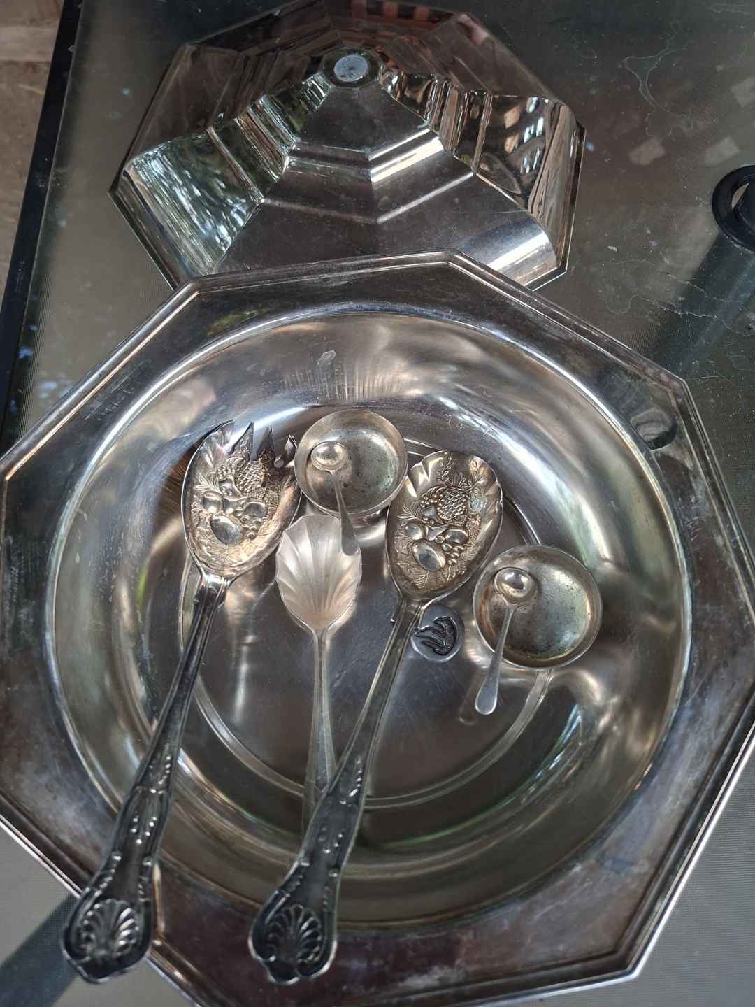 Vintage Silver Plate Covered Dish & Silver Plate Utensils