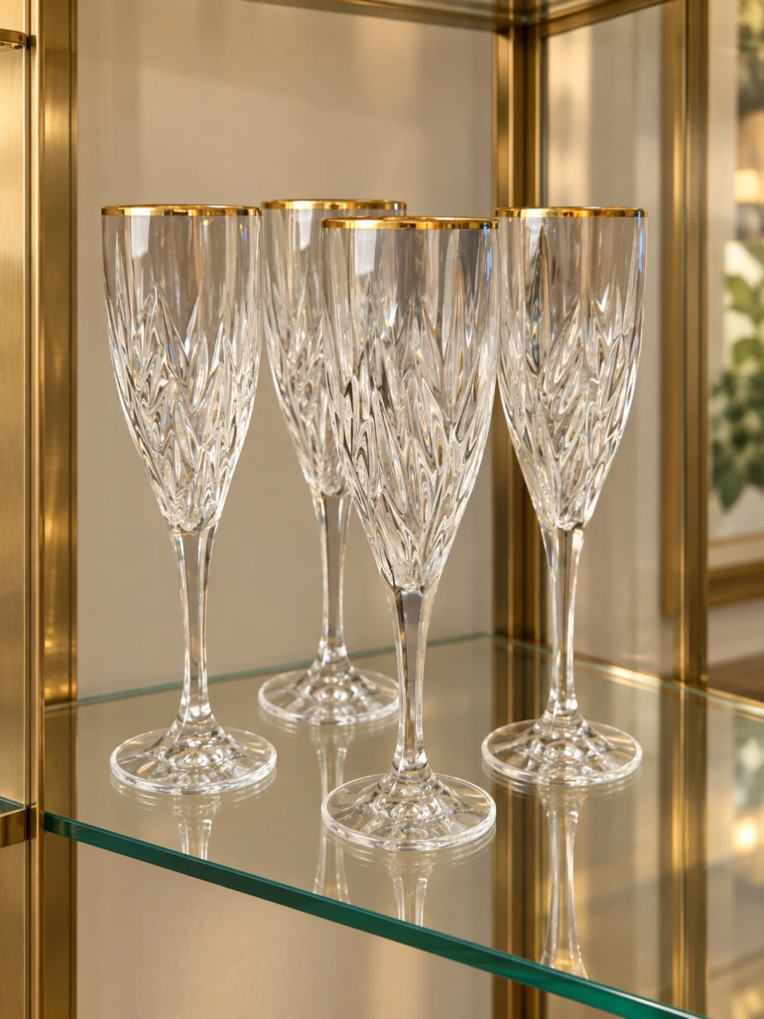 6 Vintage 90s Mikasa Gold-Rimmed Crystal Champagne Flutes
