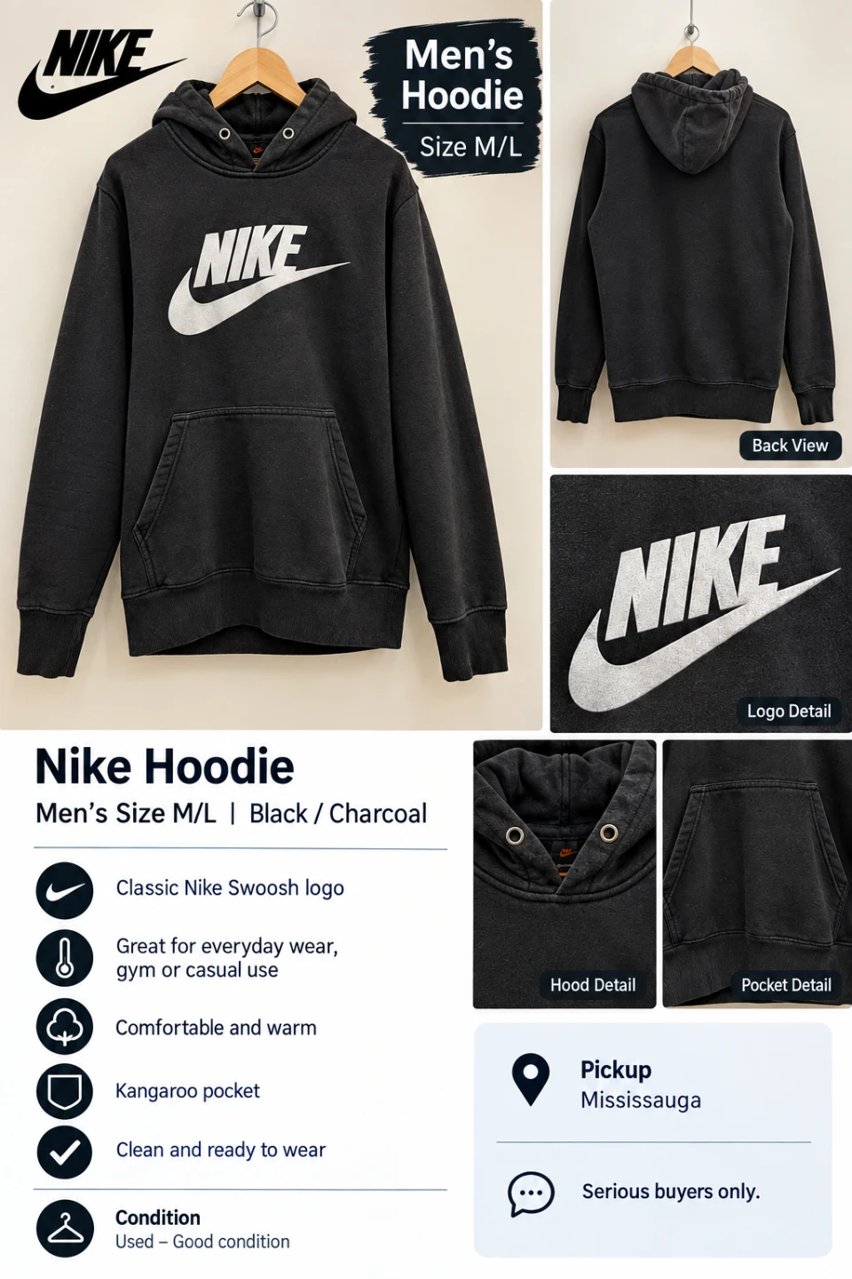 Nike Men's Hoodie Black Charcoal