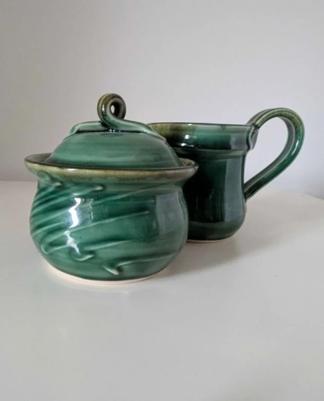 Handmade Green Ceramic Sugar Bowl and Creamer Set 🏈 - photo 3