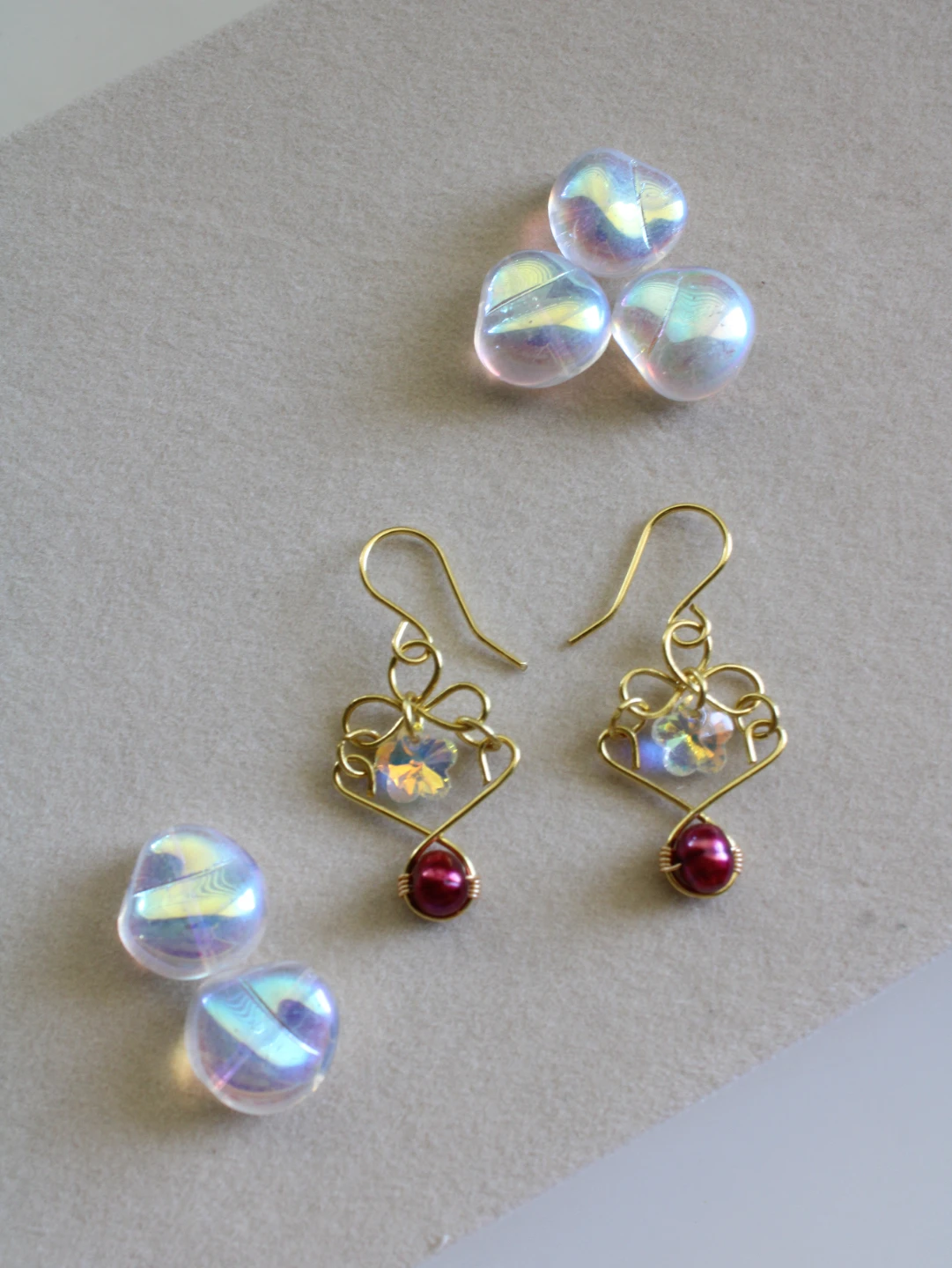 Handmade Earrings with Burgundy Pearls and Crystal Flowers