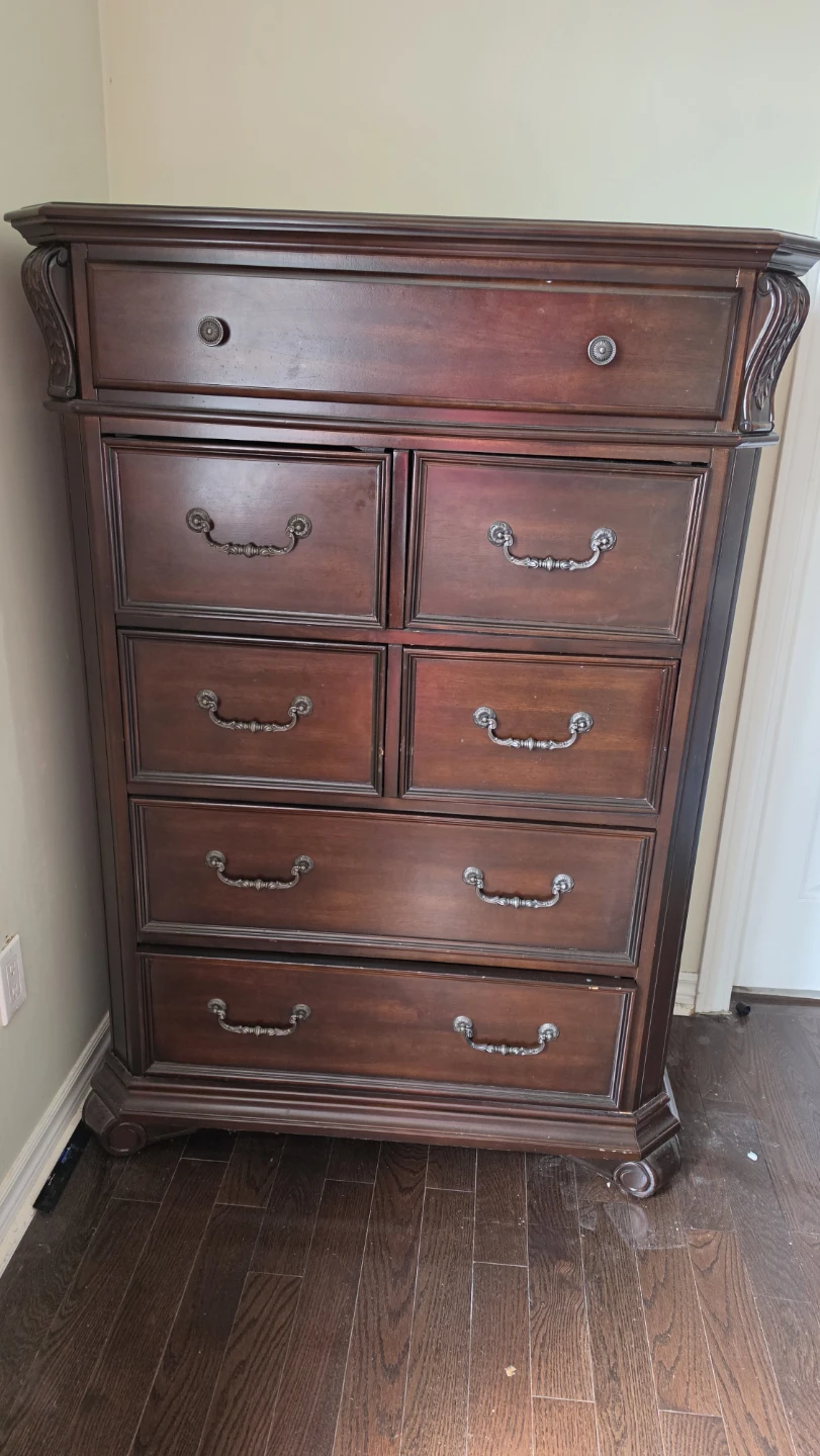 Dark Wood Bedroom Set - Dresser, Nightstand & Bed Frame