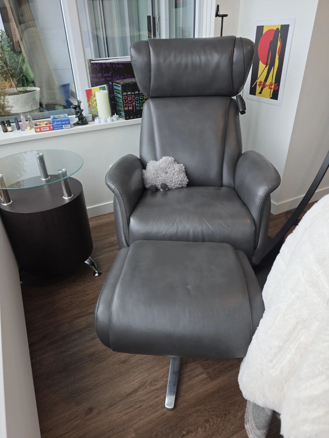 Modern Grey Leather Recliner with Ottoman - photo 2