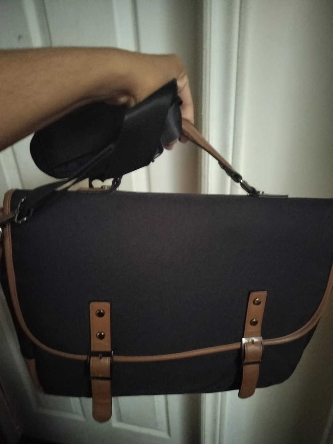 🏈Black Canvas Messenger Bag with Tan Accents
