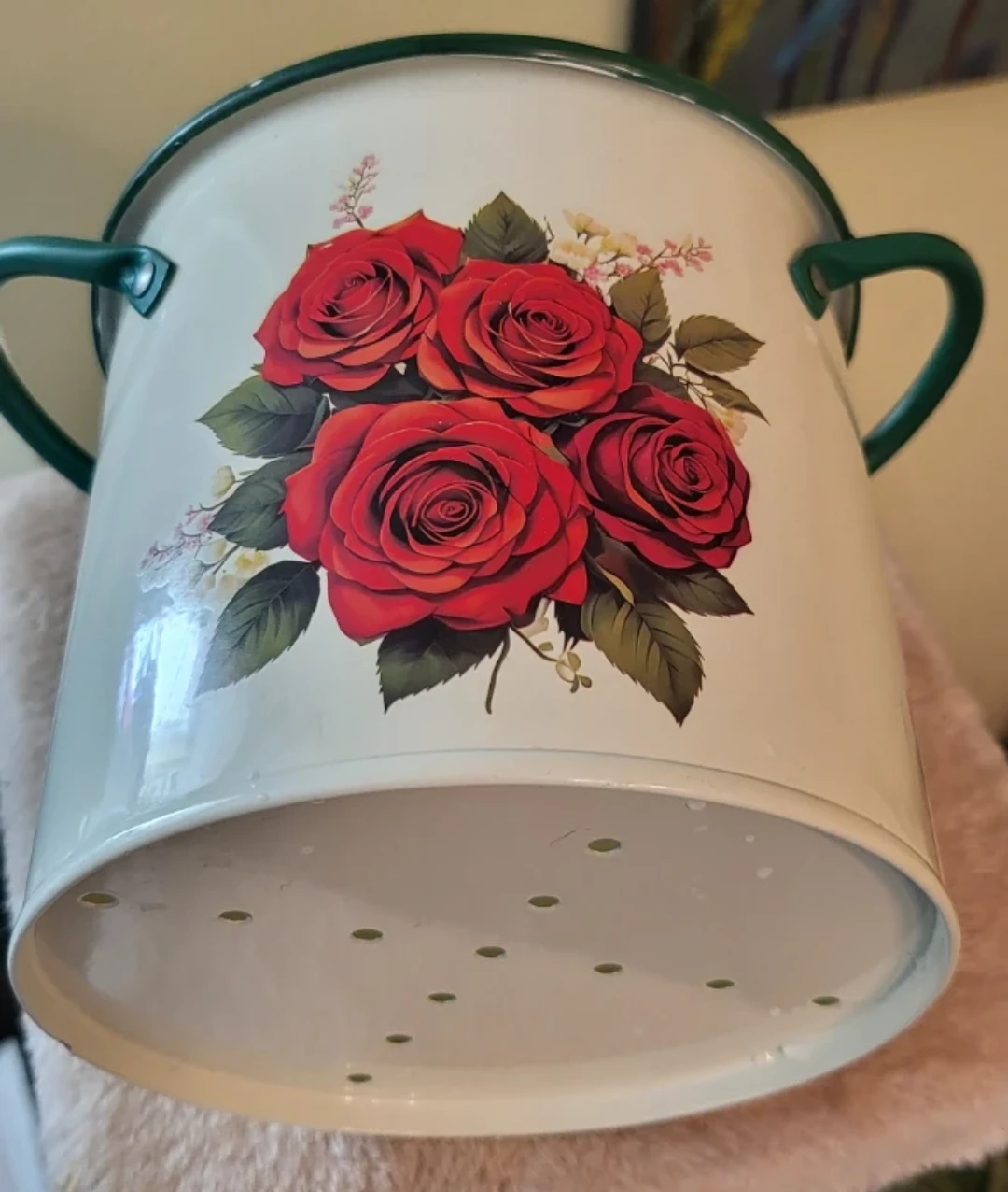 Vintage Style Enamel Floral Planter with Drainage Holes - photo 3