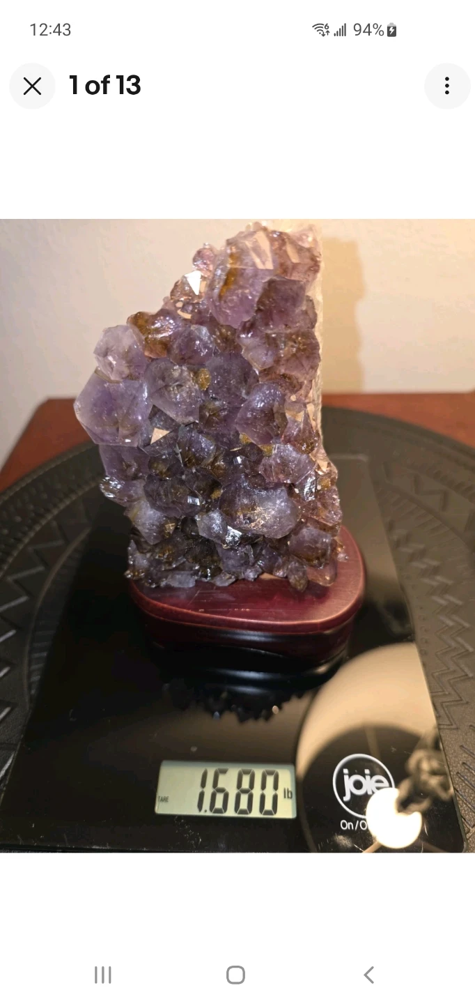 Natural Amethyst Crystal Cluster on Wooden Stand - photo 2