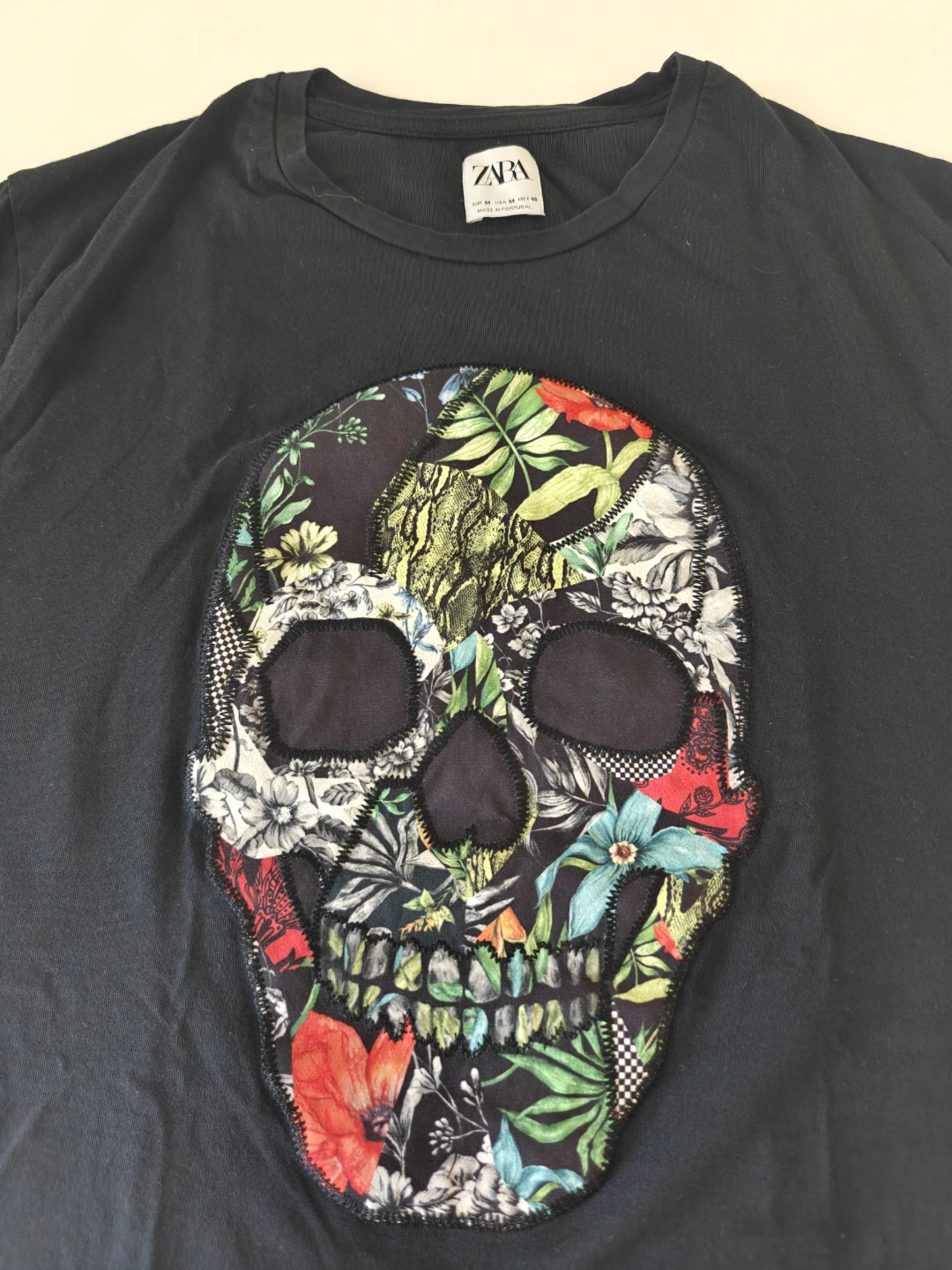 ZARA Black T-Shirt with Skull Graphic - Size M