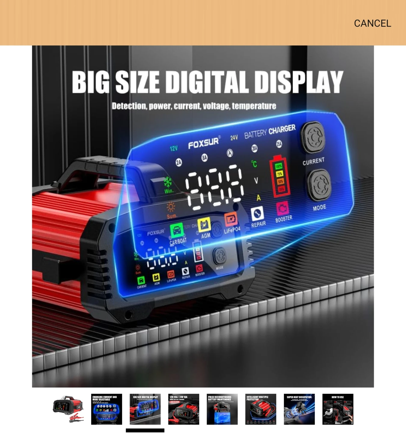 Foxsur 12V 25A / 24V 15A Smart Battery Charger - photo 3