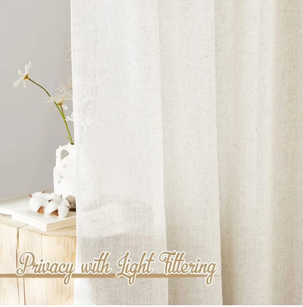 Short Linen-Look Semi-Sheer Curtains (Set of 2) - photo 3