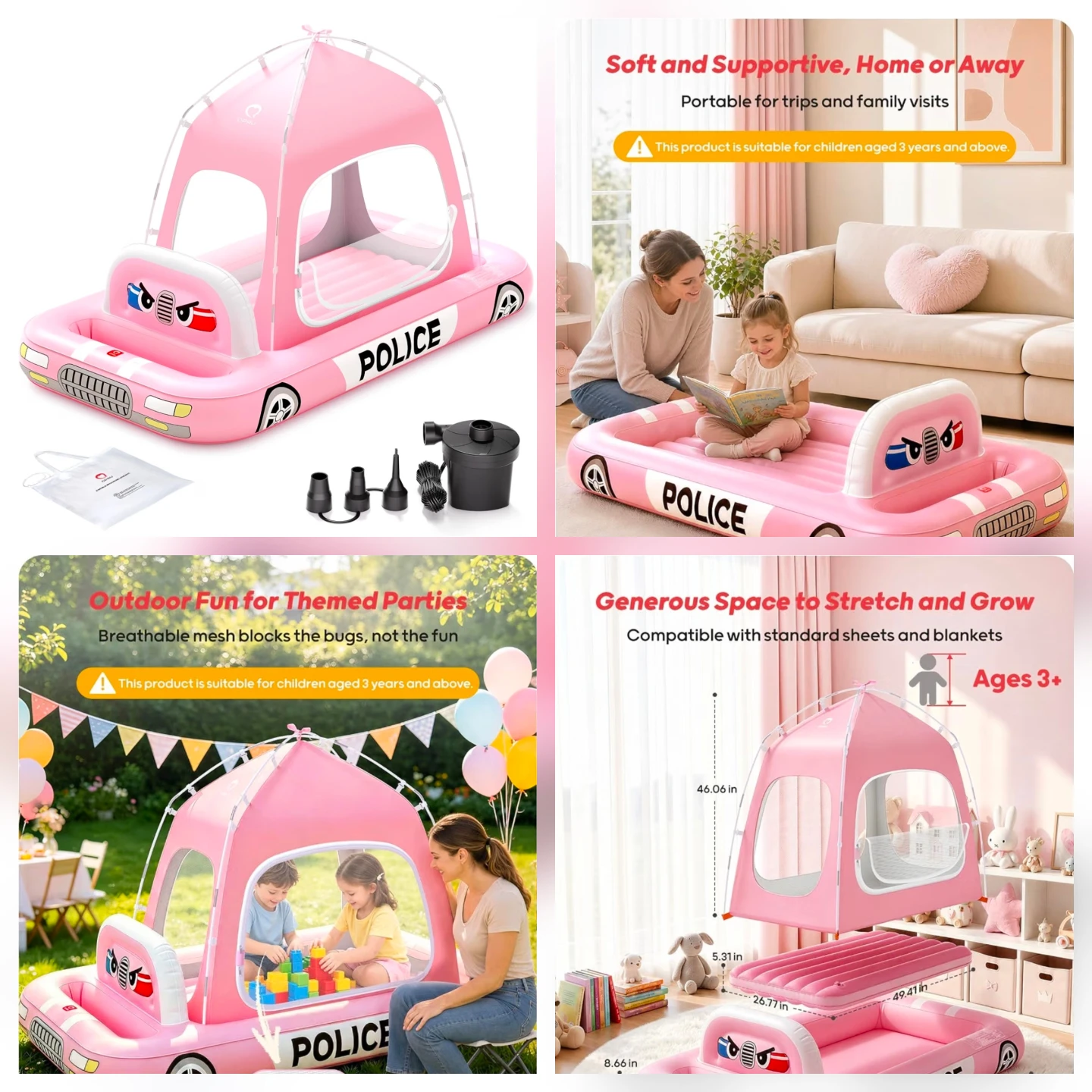 Pink Police Car Inflatable Bed for Kids