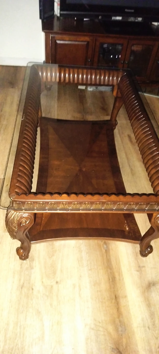 Traditional Wood Coffee Table with Glass Top