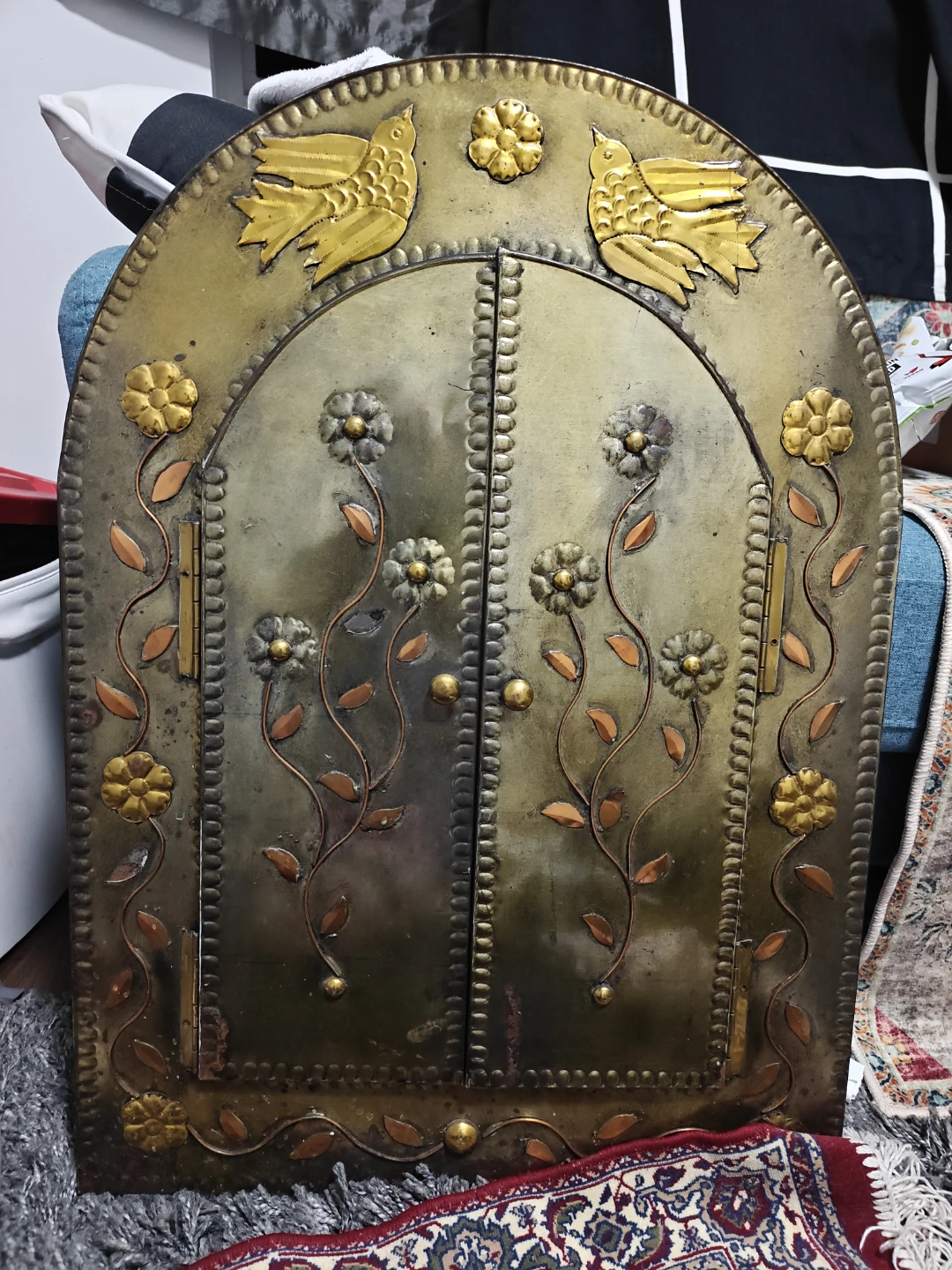 Vintage Brass Floral Wall Mirror with Opening Doors