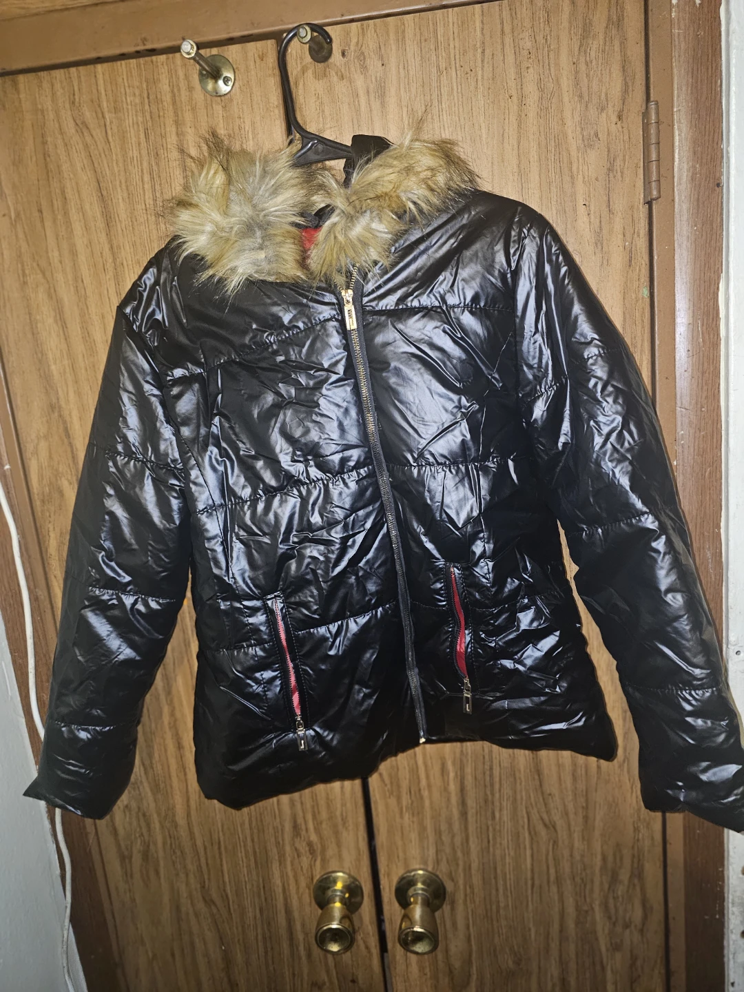 Black Quilted Puffer Jacket with Faux Fur Hood
