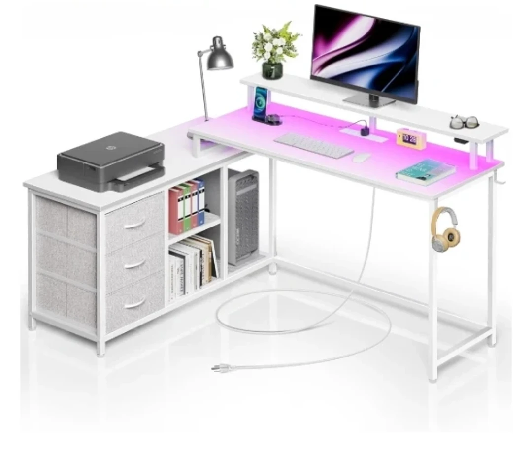 Reversible L-Shaped Computer Desk with Drawers