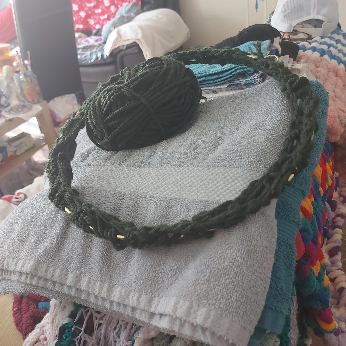 Handmade Dark Green/Red Crocheted Christmas Wreath.