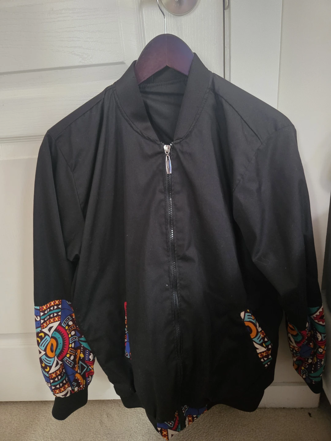 Black Bomber Jacket with Colorful Sleeves