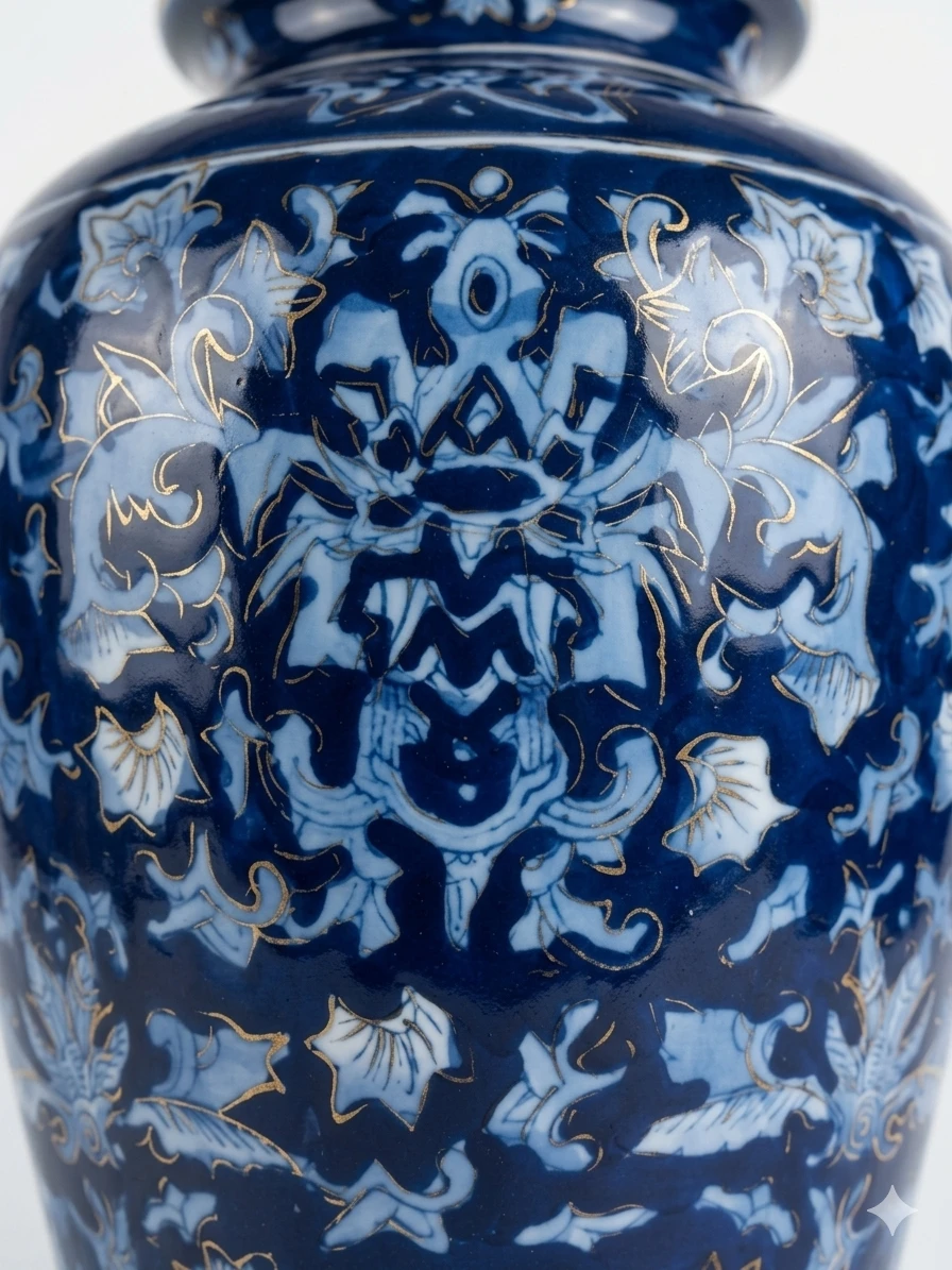 12" Chinese Satsuma Cobalt Blue Porcelain Vase - Gold Gilt Trim - photo 2