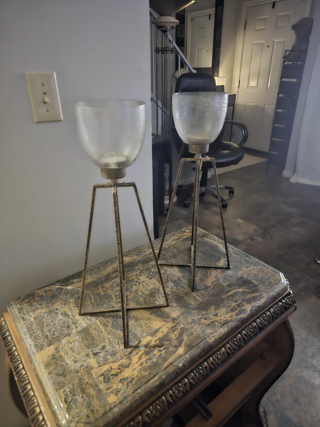 Set of Two Metal and Glass Candle Holders